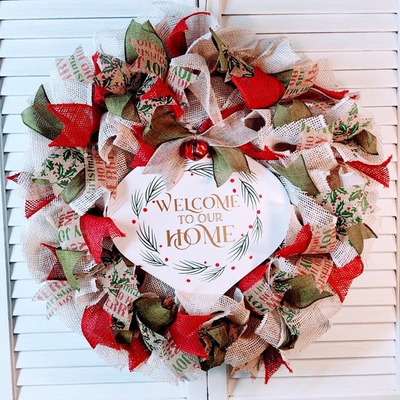 HAND CRAFTED CHRISTMAS BURLAP WREATH 24" "WELCOME TO OUR HOME WOOD SIGN" - Picture 2 of 9